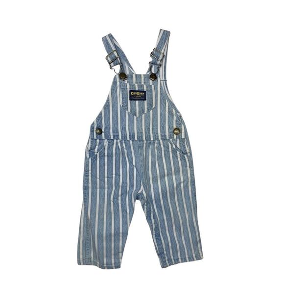 Oshkosh vestbak striped overalls boys size 18 months blue white train 80 90 - Picture 1 of 11